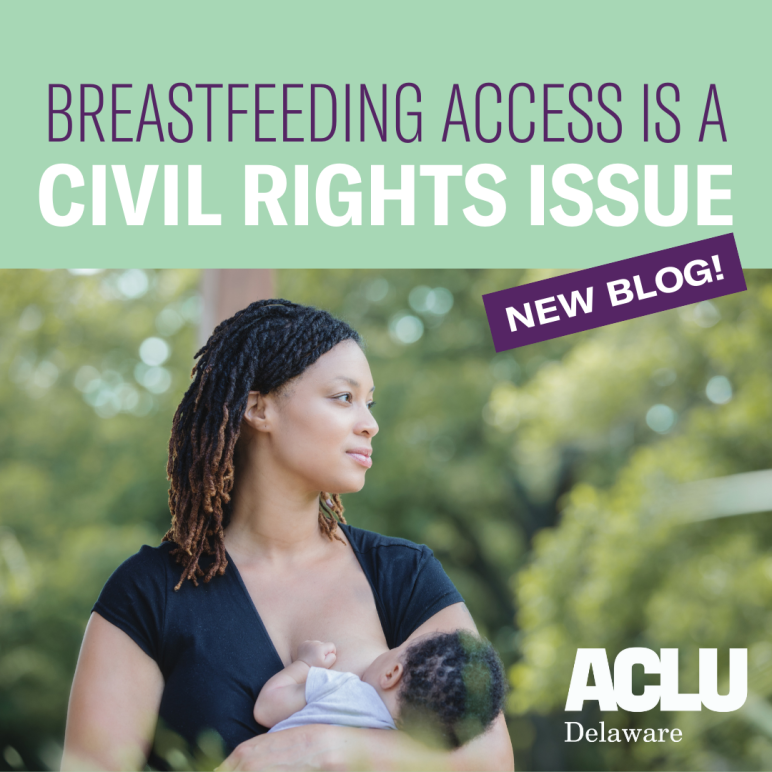 Black woman breastfeeding a child in the foreground of trees and greenery with text upon a green background "Breastfeeding access is a civil rights issue - new blog!"