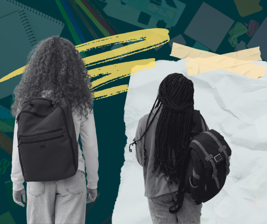 Students with backpacks walking away with their backs turned. Background is faded images of schools supplies and a piece of notebook paper and tape.