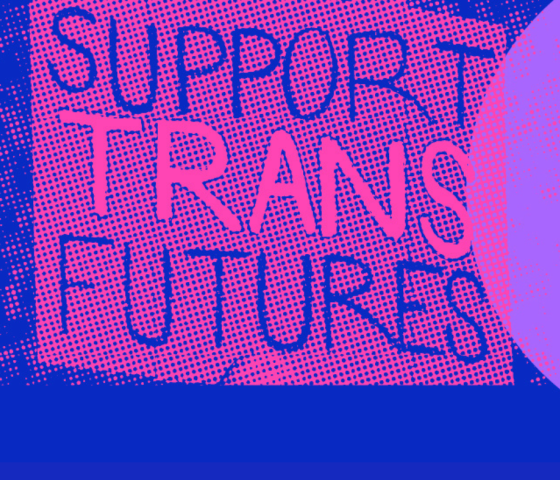 Blue background. with a shaded image of a pink poster reading "Support trans futures" overlaid.